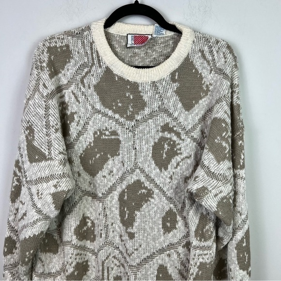 Beau Champ Vintage men's cream and brown abstract winter sweater size large - Picture 2 of 8